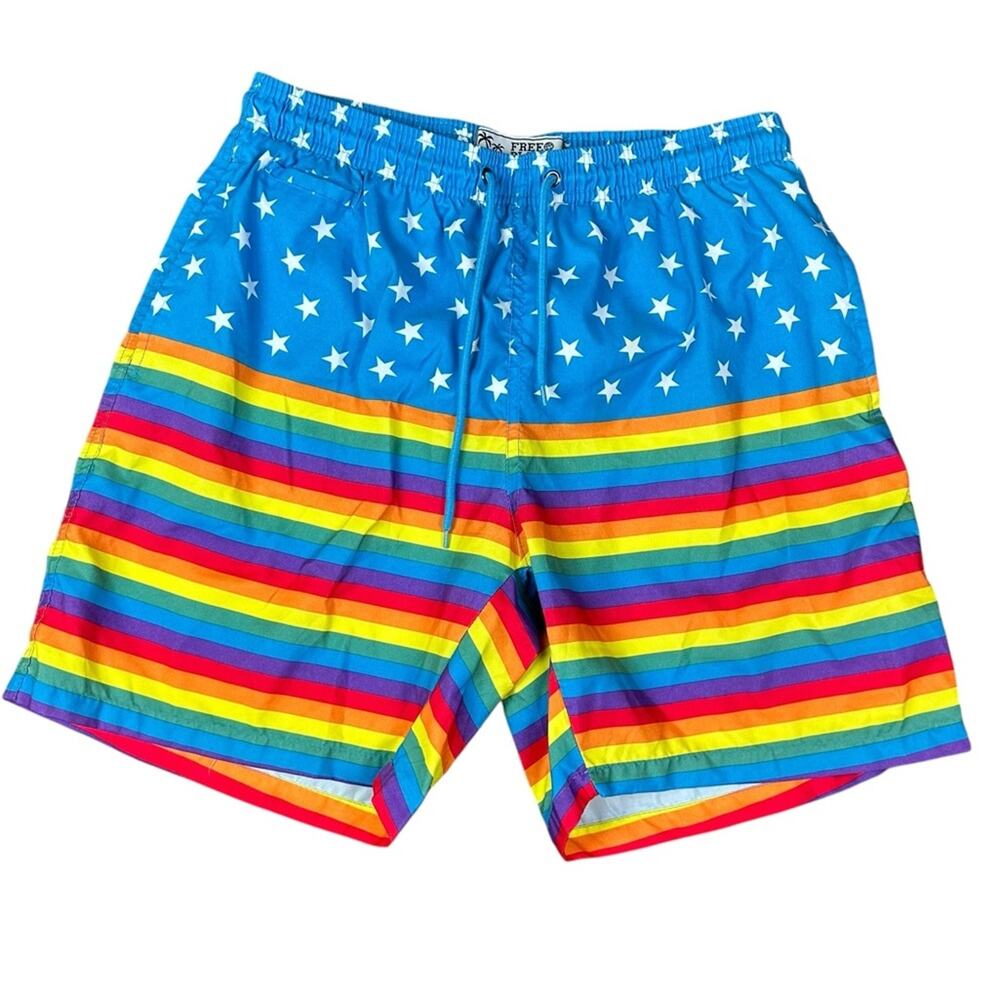 Free Planet Colorful Star and Rainbow Stripe Swim Trunks Size Large